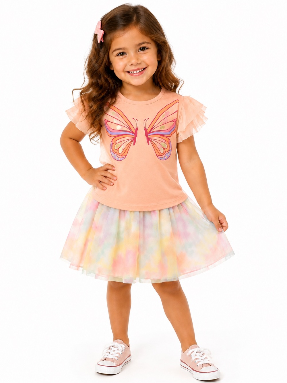 Peach Butterfly Tee and Pastel Tulle Skirt Set